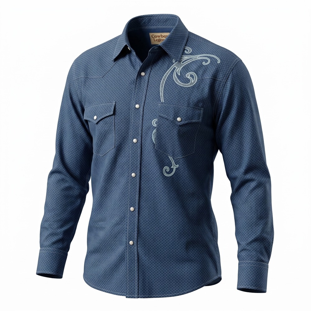 Cowboy Legend Western Shirt Mens Large Blue Embroidered Pearl Snap Cotton